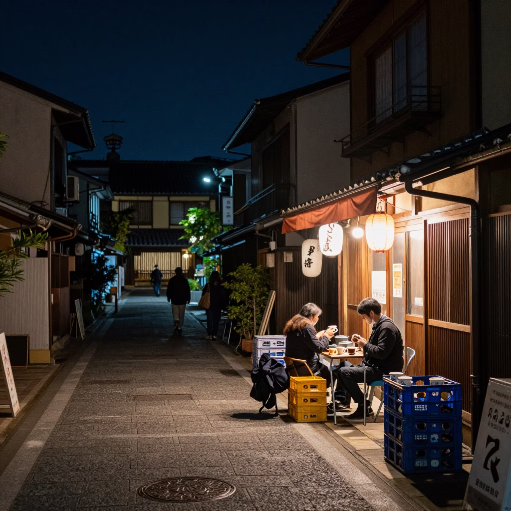 Nighttime Kyoto Street Scene with Coffee Mugs and Crate Under Deep Sky in in Kyoto, Japan