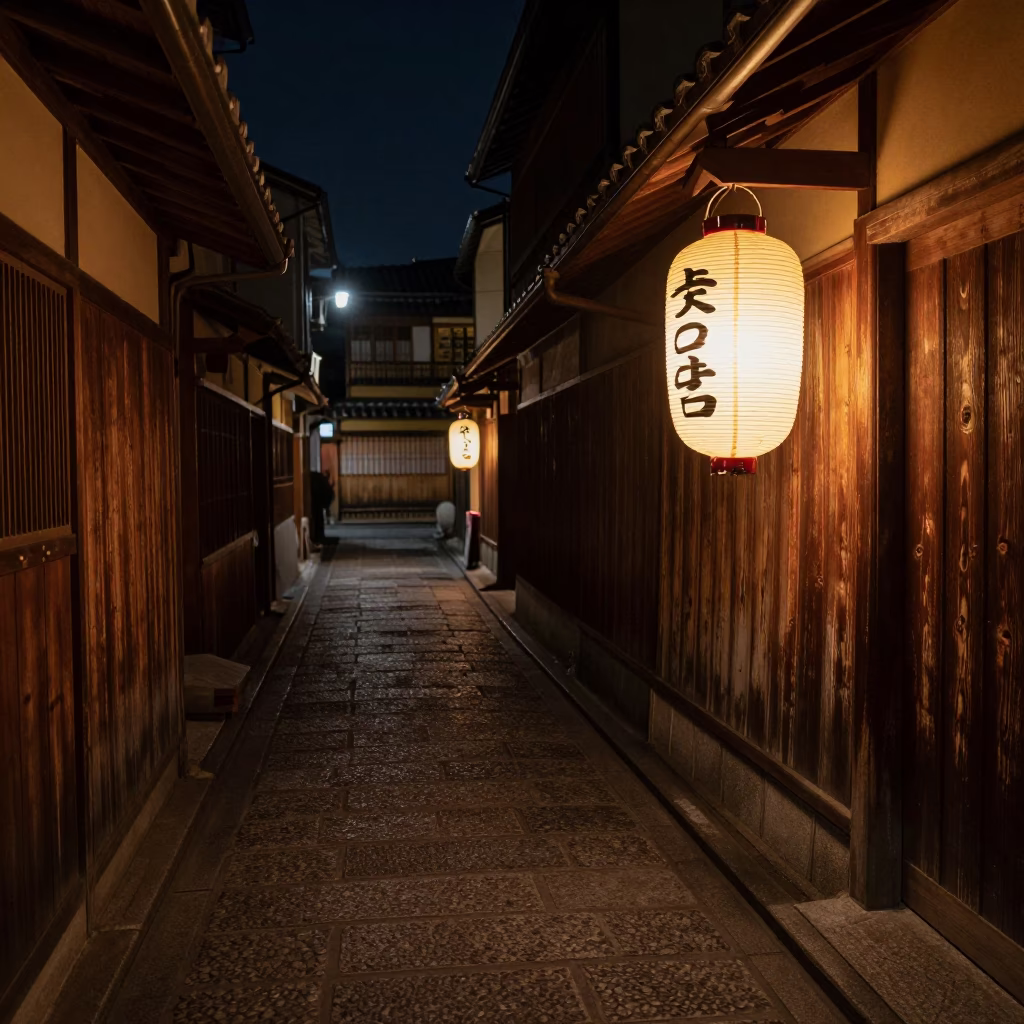 Nighttime Kyoto Street Scene with Glowing Paper Lantern and Traditional Architecture in in Kyoto, Japan