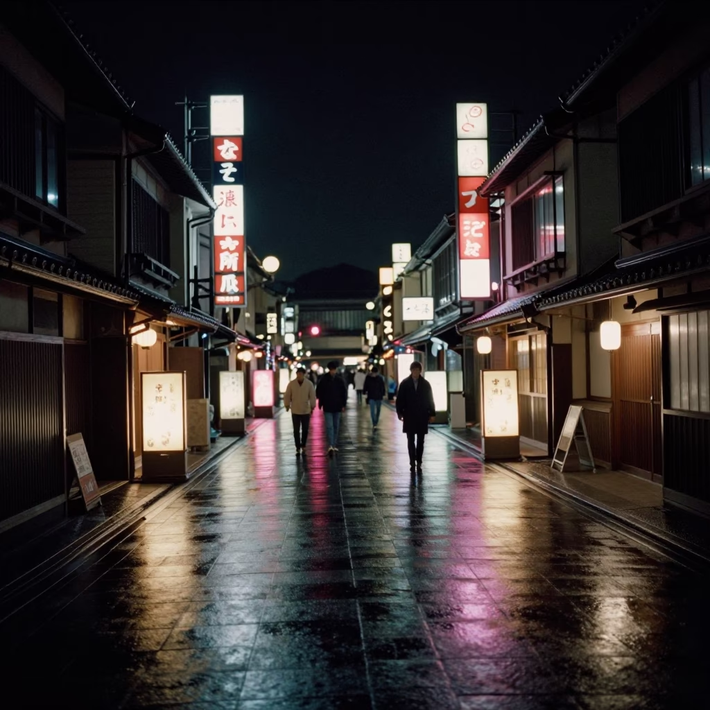 Nighttime Kyoto Street Scene with Neon Reflections and Traditional Lanterns in in Kyoto, Japan