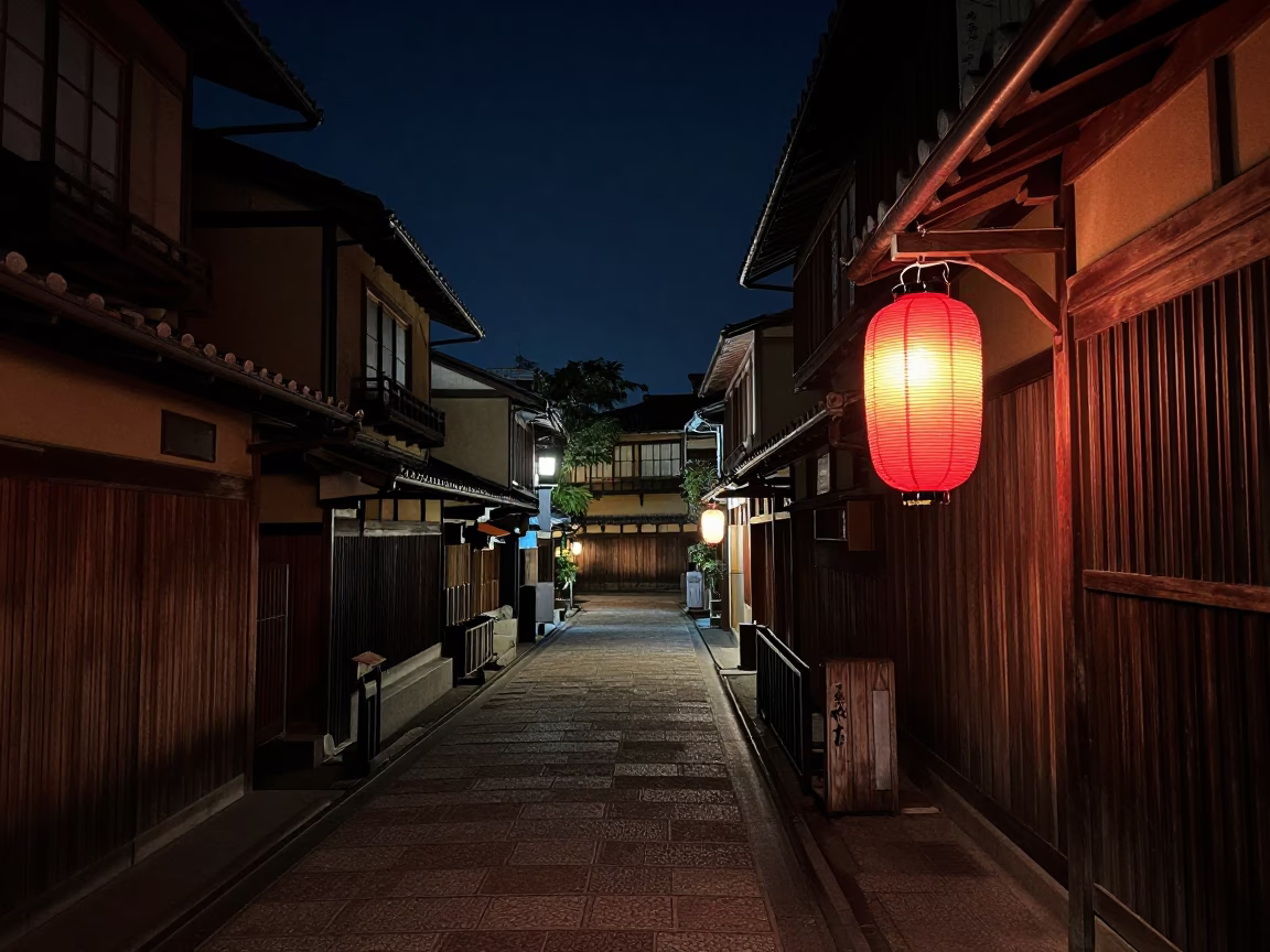 Nighttime Kyoto Street Scene with Paper Lanterns Illuminating a Quiet Alleyway in in Kyoto, Japan