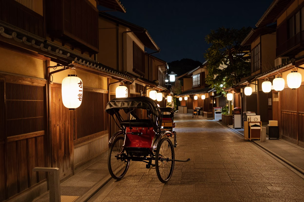 Nighttime Kyoto Street Scene with Rickshaw and Traditional Lanterns in in Kyoto, Japan