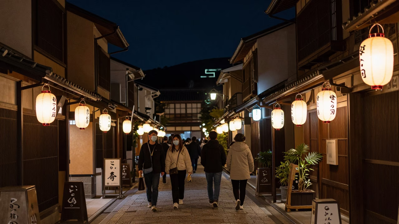 Nighttime Kyoto Street Scene with Traditional Lanterns and Urban Architecture in in Kyoto, Japan