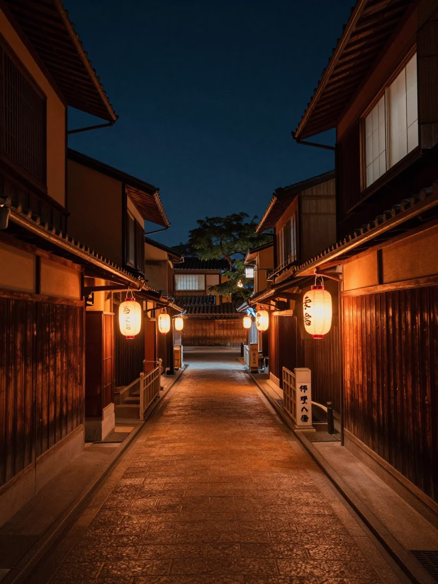Nighttime Kyoto Street Scene with Traditional Wooden Machiya and Glowing Lanterns in in Kyoto, Japan