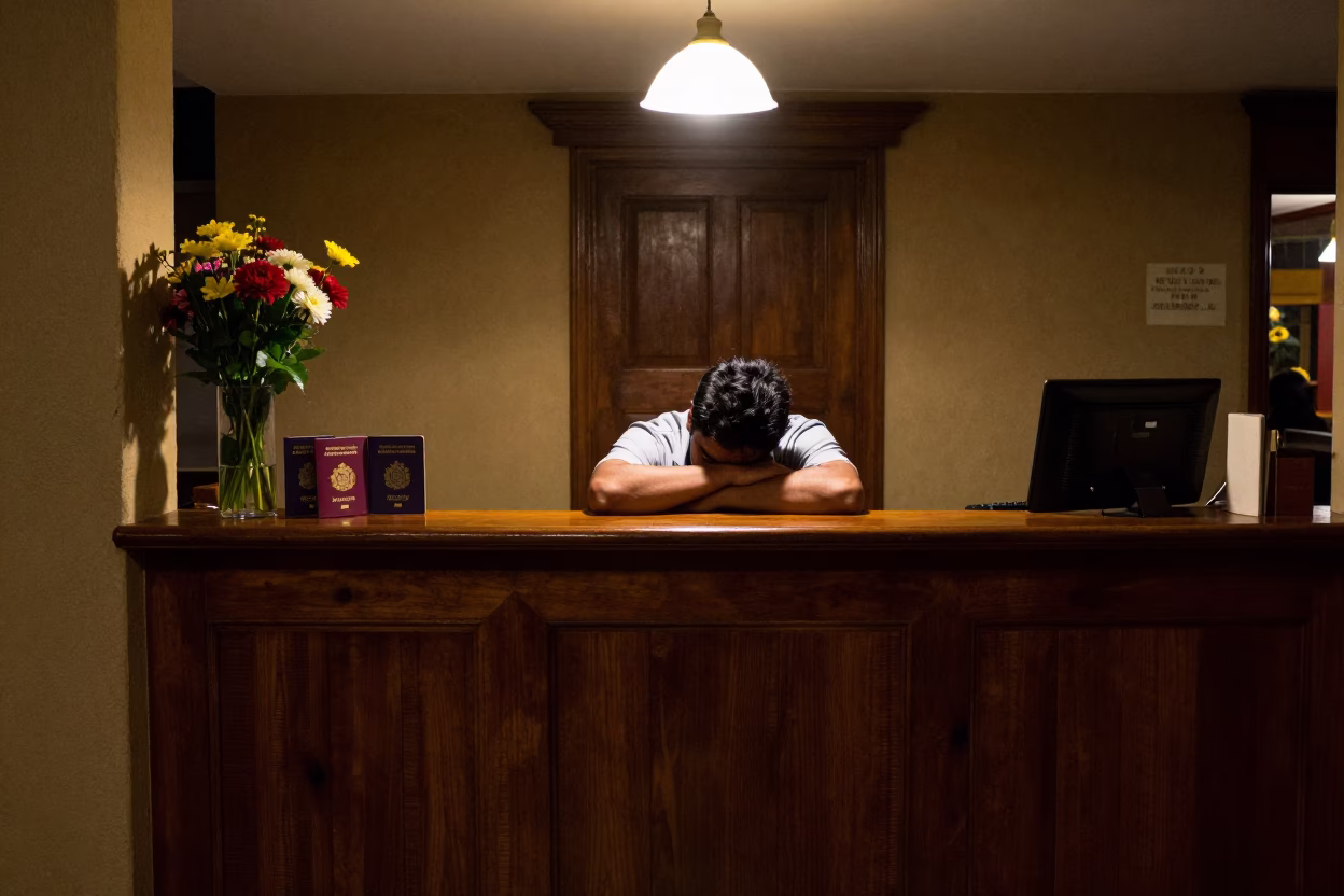 Nighttime La Paz Bolivia Reception Desk with Passports and Flowers in in La Paz, Bolivia