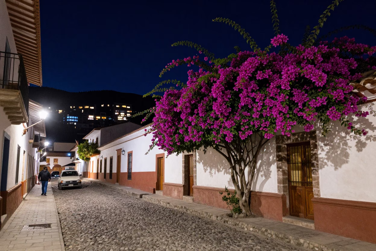 Nighttime La Paz Bolivia Street Scene with Bougainvillea and Local Life in in La Paz, Bolivia