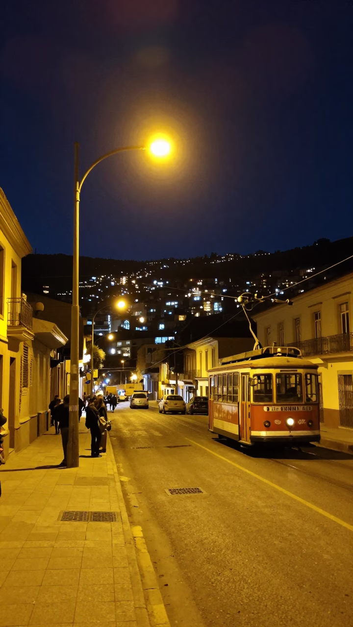 Nighttime La Paz Bolivia street scene with cable cars and urban life in in La Paz, Bolivia