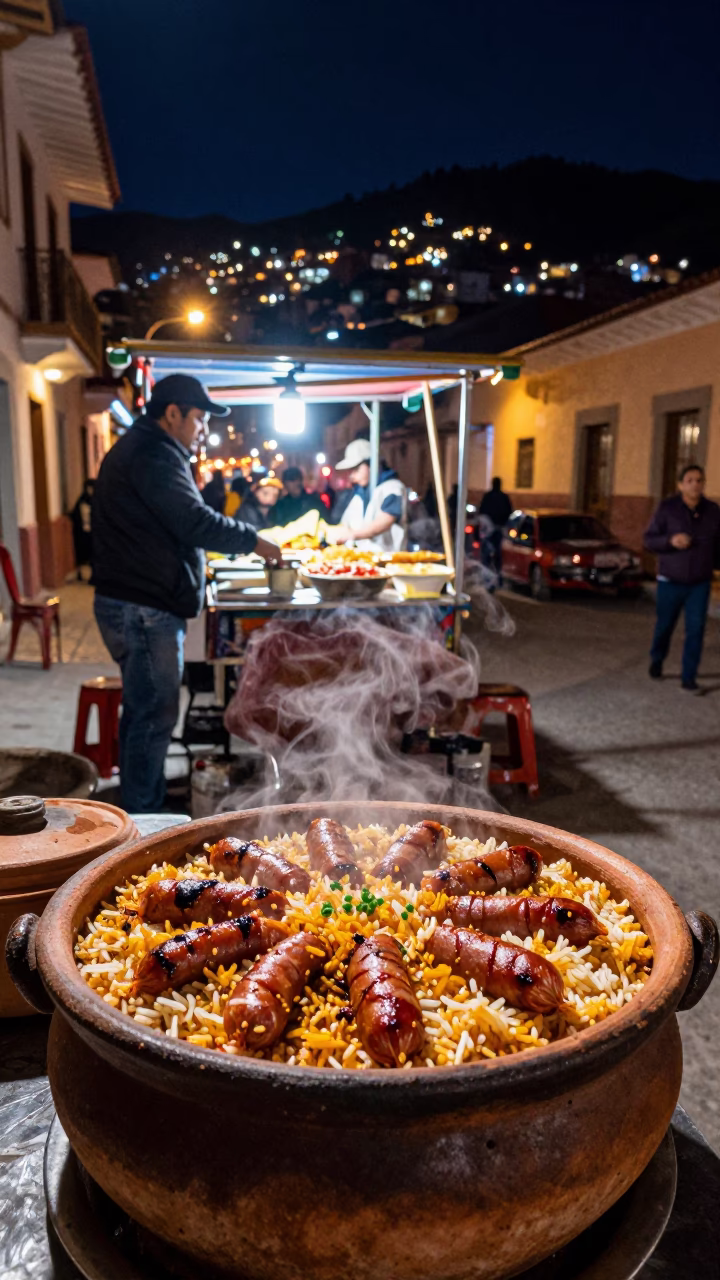 Nighttime La Paz Bolivia Street Scene with Clay Pot Rice and Ceviche Bowl in in La Paz, Bolivia