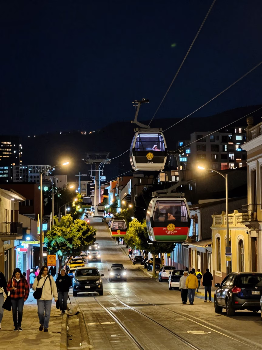 Nighttime La Paz Bolivia Street Scene with Funicular Railway and Urban Life in in La Paz, Bolivia