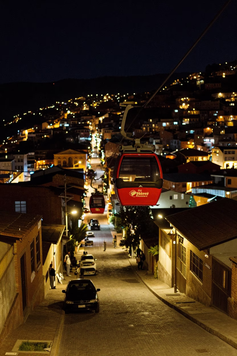 Nighttime La Paz Bolivia Street Scene with Gondola Lift and Local Vendor in in La Paz, Bolivia