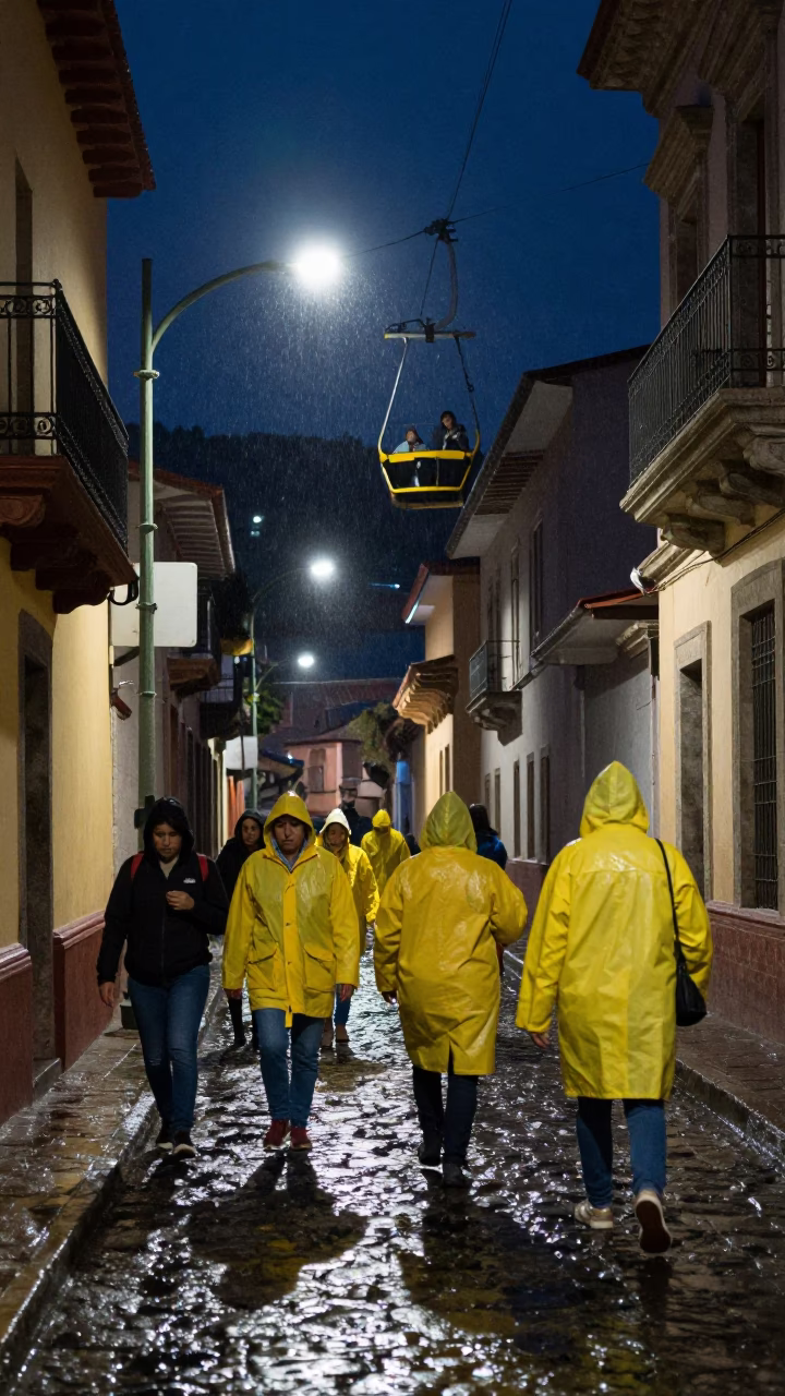 Nighttime La Paz Bolivia Street Scene with Gondola Lift and Raincoats in in La Paz, Bolivia