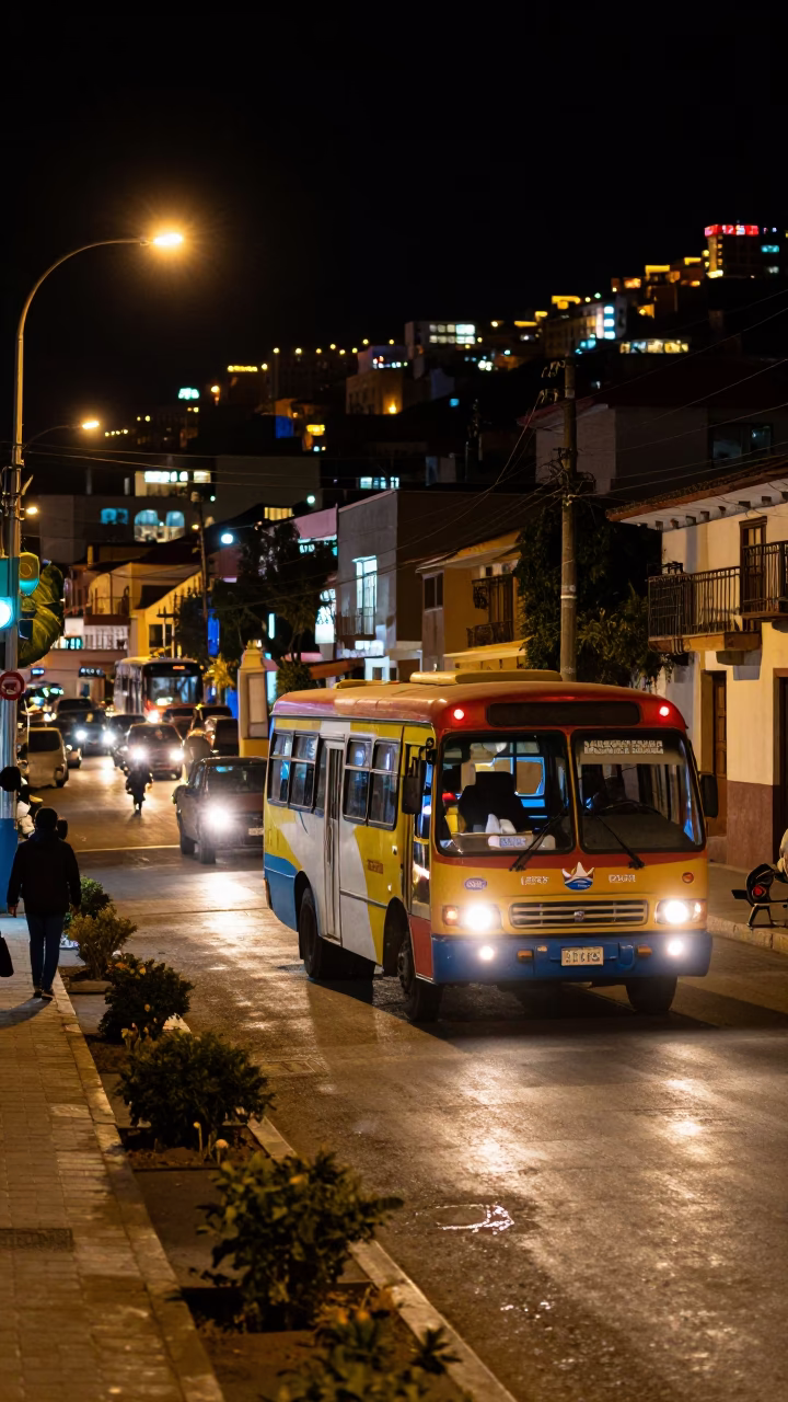 Nighttime La Paz Bolivia Street Scene with Local Transportation and Urban Architecture in in La Paz, Bolivia