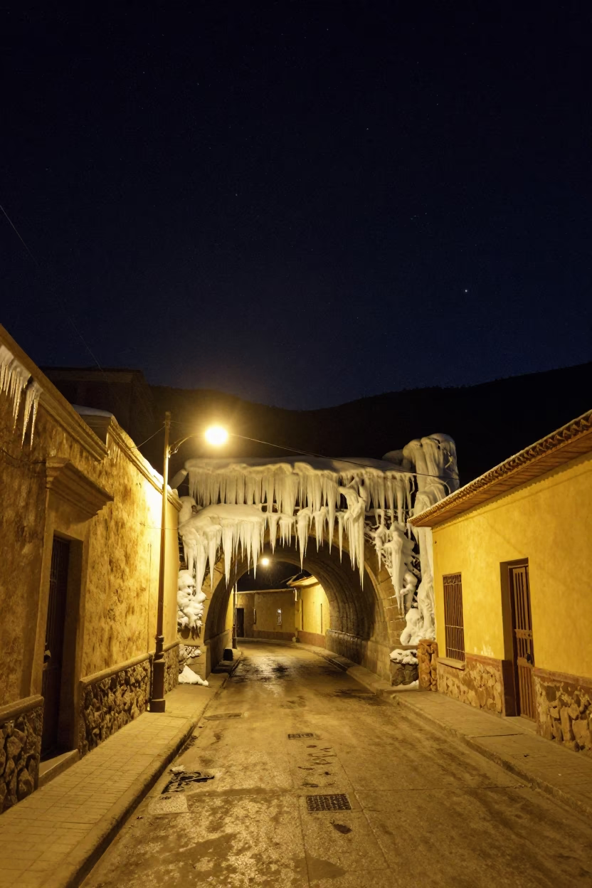 Nighttime La Paz Bolivia Street Scene with Sodium Lights and Icicles in in La Paz, Bolivia