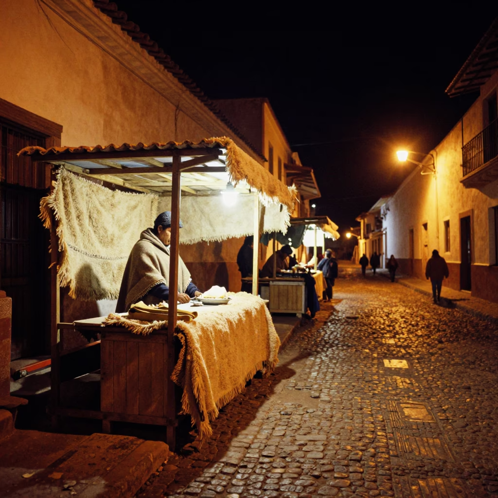 Nighttime La Paz Bolivia Street Scene with Traditional Market Stall and Local Vendor in in La Paz, Bolivia