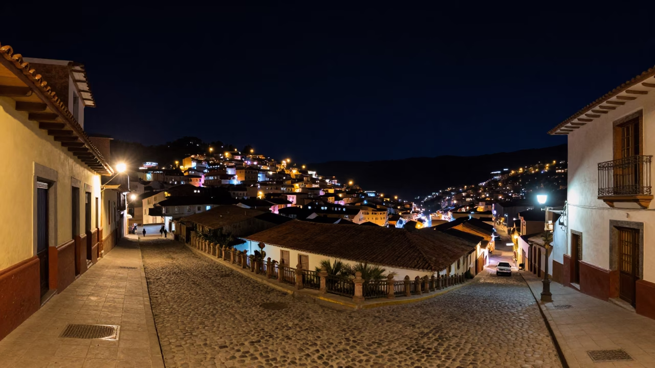 Nighttime La Paz Bolivia Street Scene with Vintage 1980s Architecture and Local Life in in La Paz, Bolivia