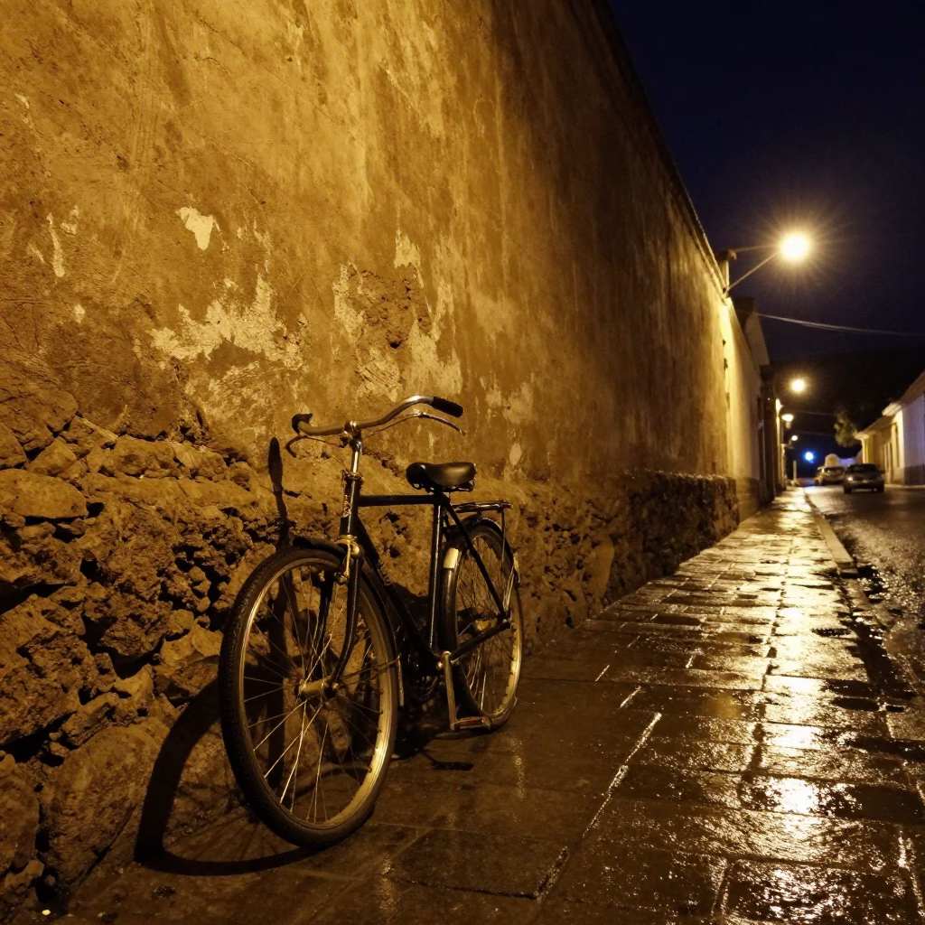 Nighttime La Paz Bolivia street scene with vintage bicycle and wet flagstones in in La Paz, Bolivia