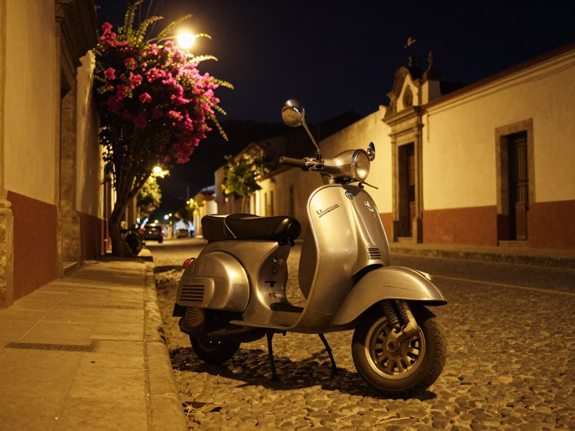 Nighttime La Paz Bolivia Street Scene with Vintage Vespa and Bougainvillea in in La Paz, Bolivia