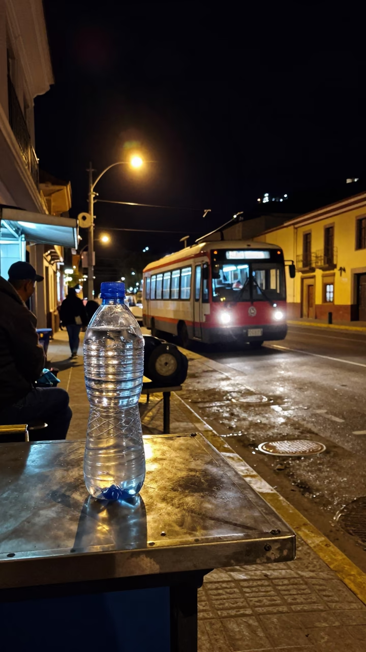 Nighttime La Paz Street Scene with Water Bottle and Metro Train Visibility in in La Paz, Bolivia