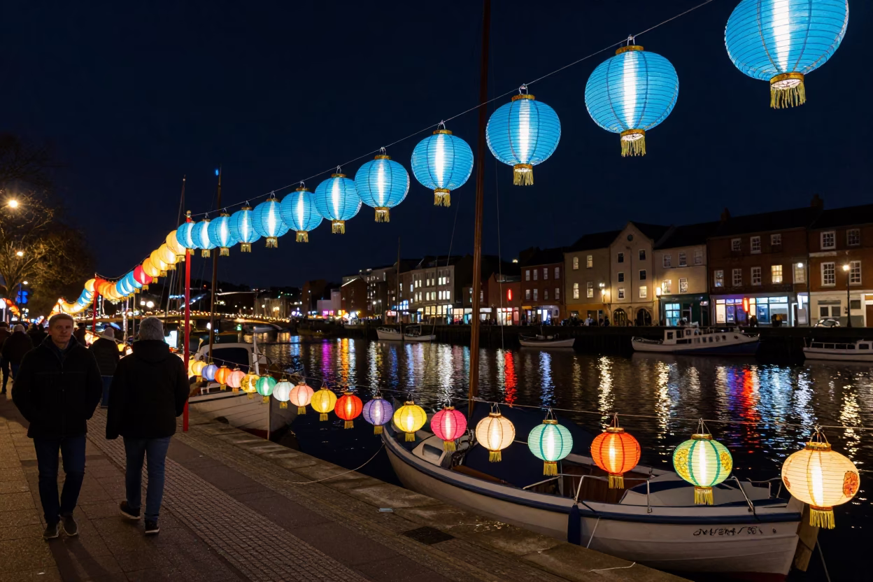 Nighttime Lantern Display at Bristol Harbour with Colorful Paper Lights and Historic Architecture in in Bristol, United Kingdom