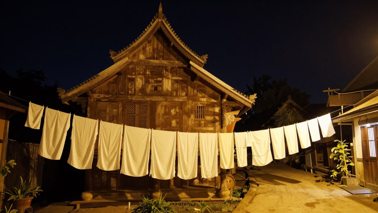 Nighttime Laundry Drying Outside Traditional Lao Wooden House in Luang Prabang Laos in in Luang Prabang, Laos