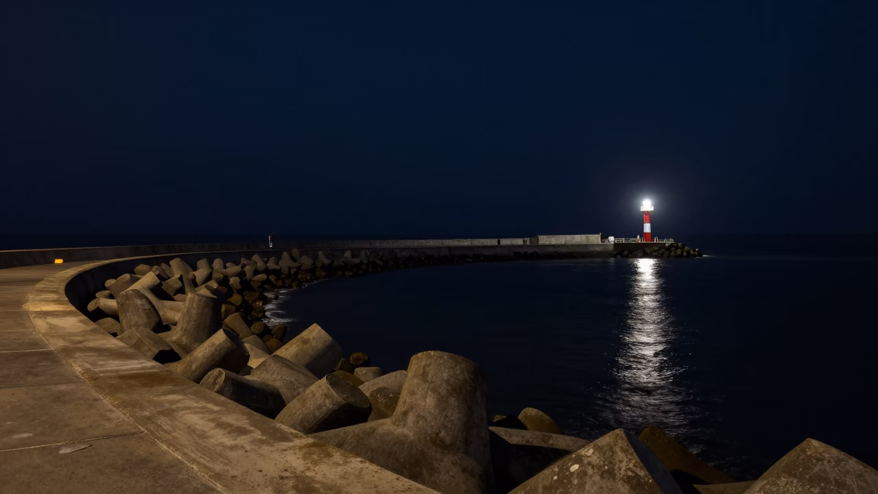 Nighttime Lima Peru Harbor Breakwater Curve and Lonely Beacon Glow in in Lima, Peru