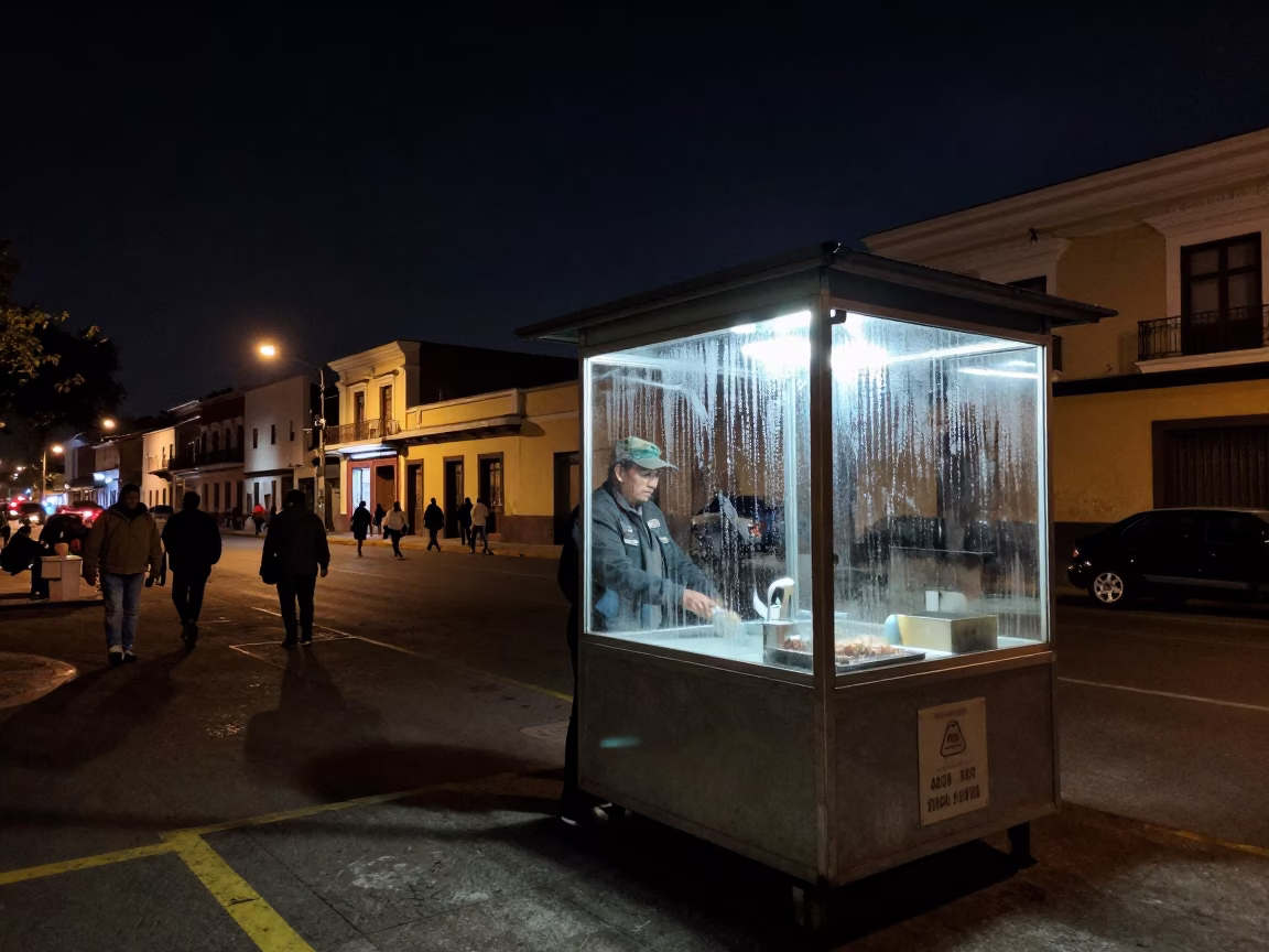Nighttime Lima Peru Street Scene with Condensation on Glass and Urban Life in in Lima, Peru