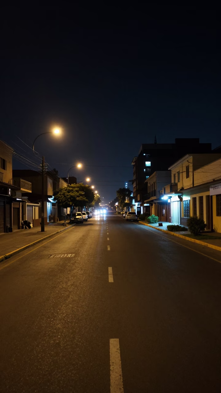 Nighttime Lima Peru Street Scene with Distant Train Lights and Urban Infrastructure in in Lima, Peru