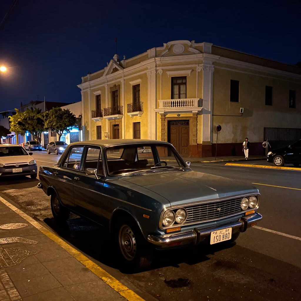Nighttime Lima Peru Urban Street Scene with Vintage Car and Neon Lights in in Lima, Peru