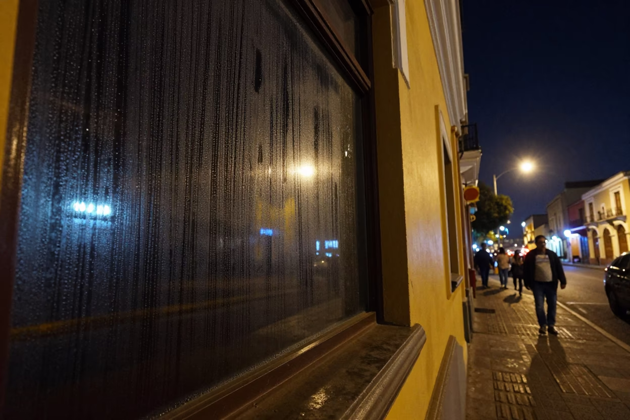 Nighttime Lima Street Scene with Condensation on Window and Local Market Wares in in Lima, Peru