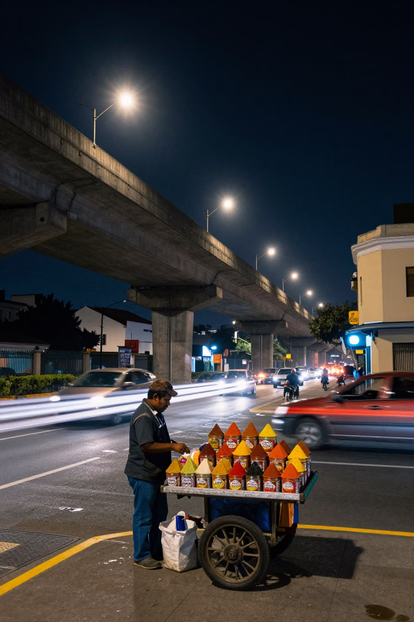Nighttime Lima Street Scene with Overpass Light Streaks and Local Market Activity in in Lima, Peru