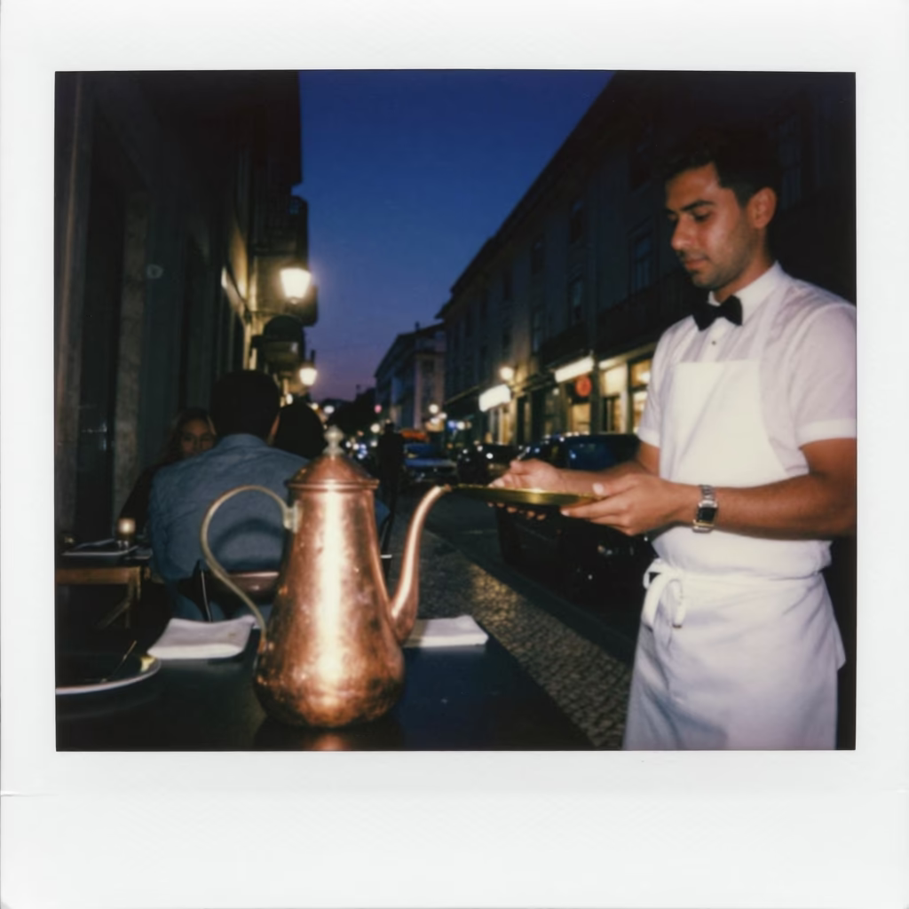 Nighttime Lisbon Street Scene with Copper Coffee Pot and Brass Plate in Traditional Cafeteria in in Lisbon, Portugal