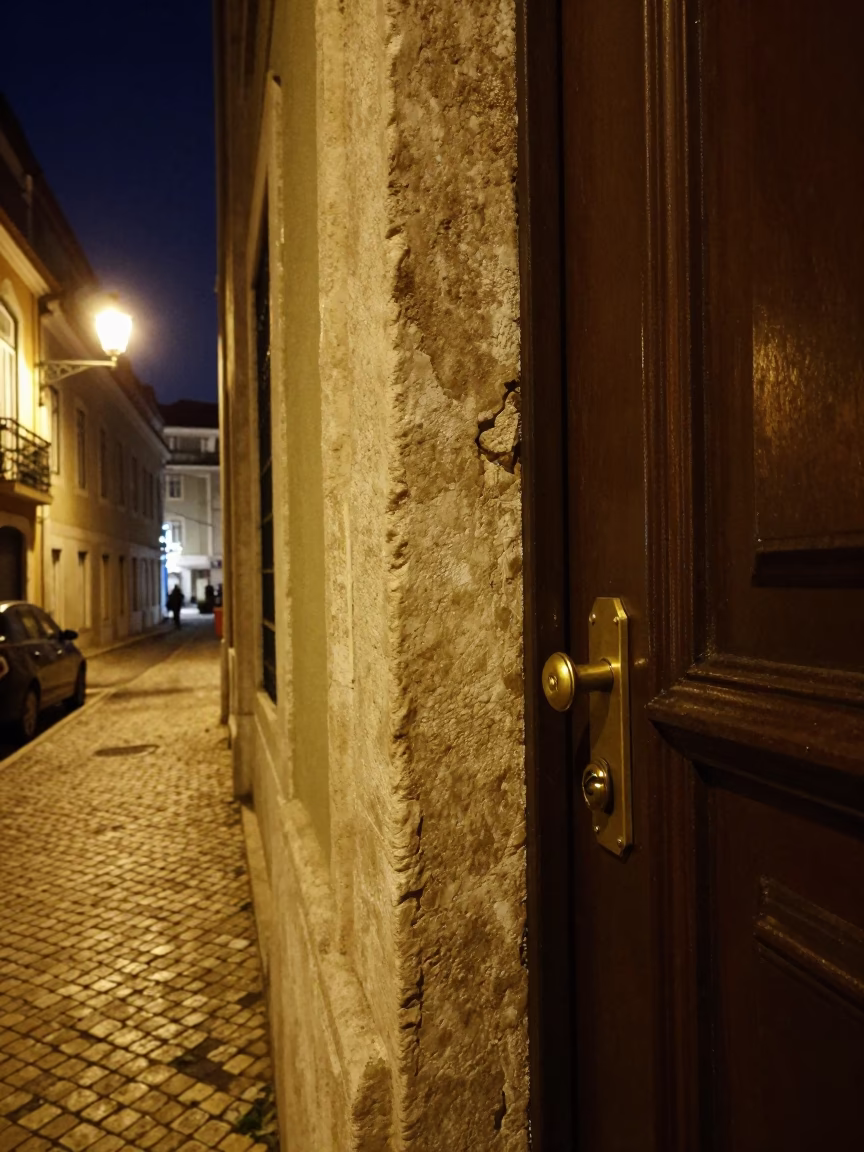 Nighttime Lisbon Street Scene with Deadbolt and Urban Architecture in in Lisbon, Portugal