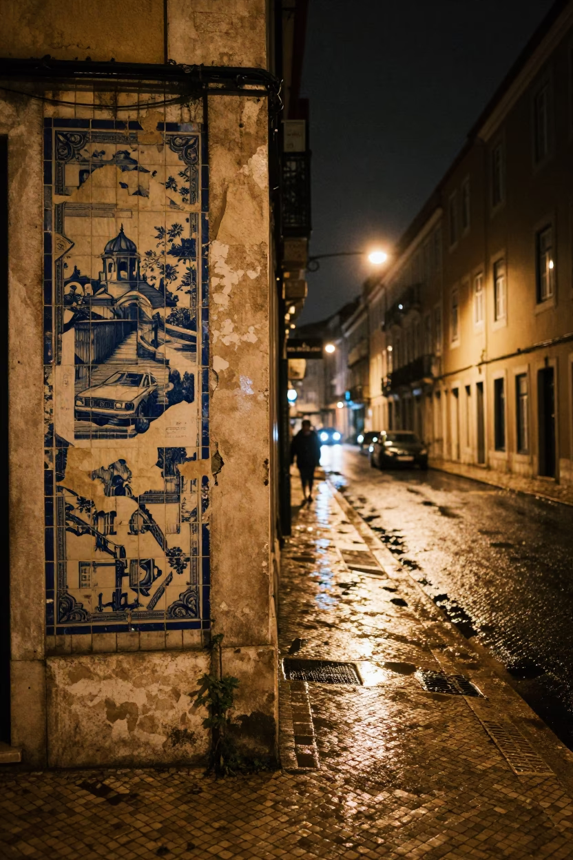 Nighttime Lisbon Street Scene with Faded Poster and Wet Cobblestones Under Streetlight in in Lisbon, Portugal