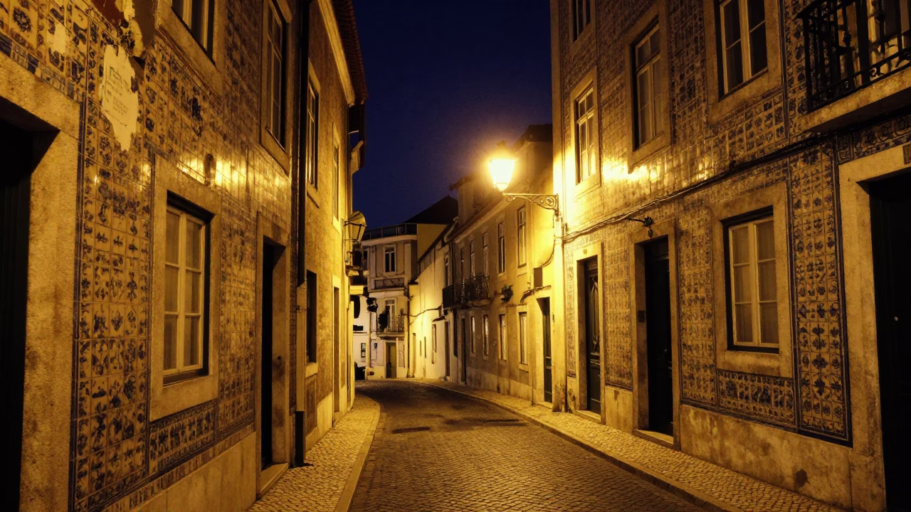 Nighttime Lisbon Street Scene with Faded Tile Facade and Distant Harbor Lights in in Lisbon, Portugal