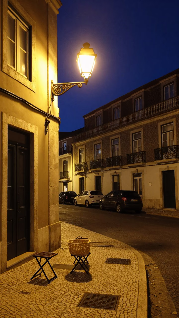 Nighttime Lisbon Street Scene with Folding Stools and Basket in in Lisbon, Portugal