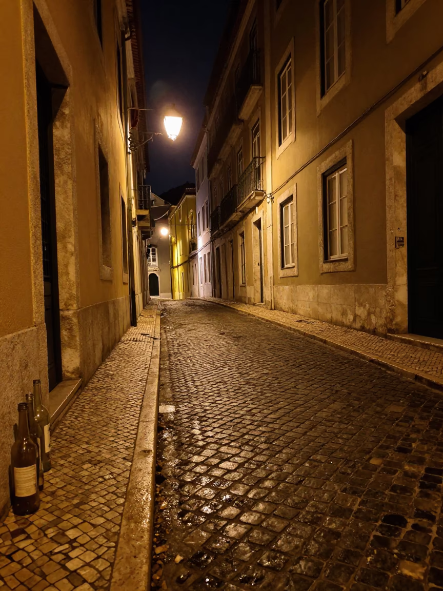 Nighttime Lisbon Street Scene with Glass Bottles and Urban Architecture in in Lisbon, Portugal