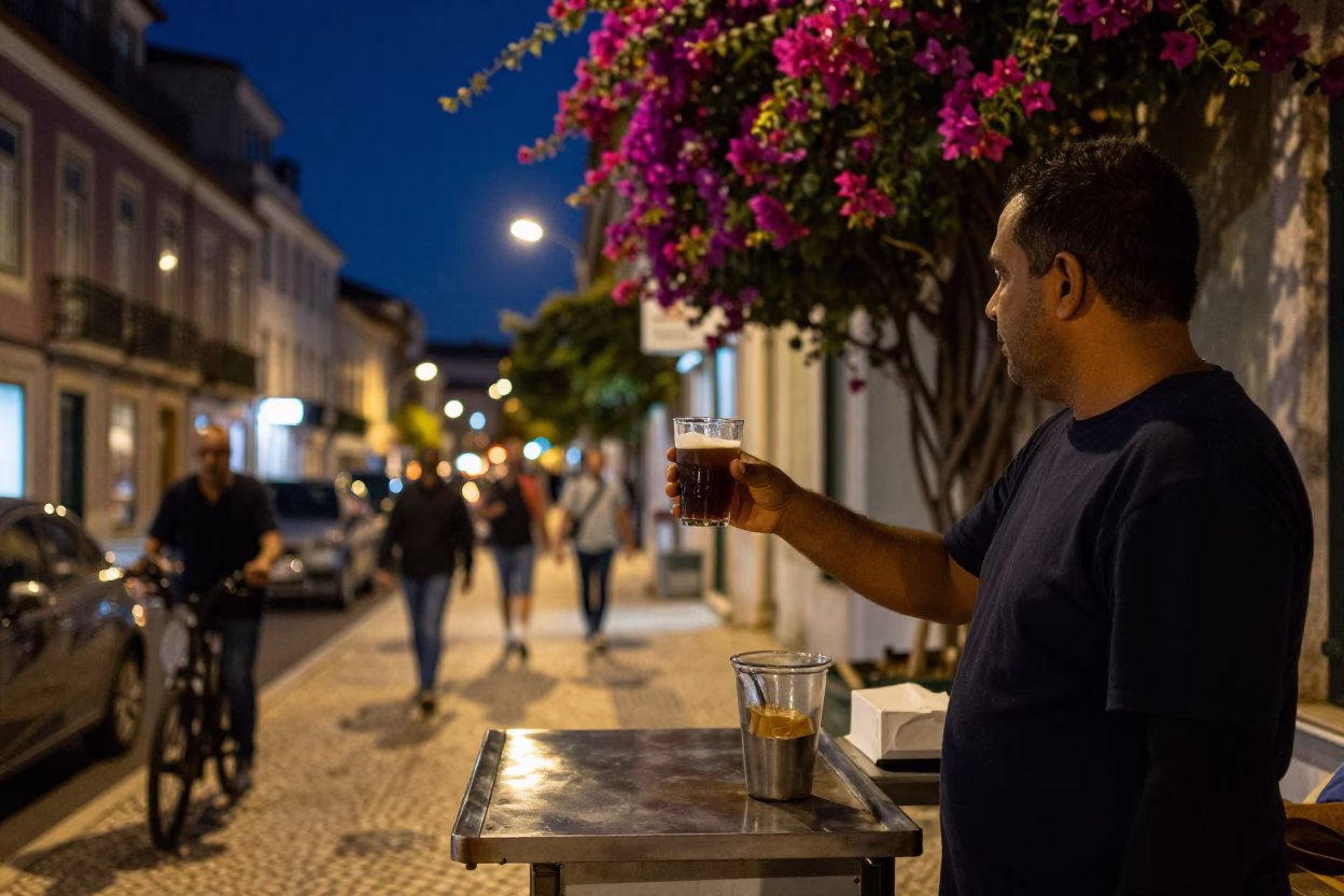 Nighttime Lisbon Street Scene with Glass Tumbler and Bougainvillea Wall in in Lisbon, Portugal