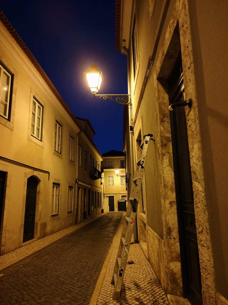 Nighttime Lisbon Street Scene with Ladder and Doorknob Detail in in Lisbon, Portugal