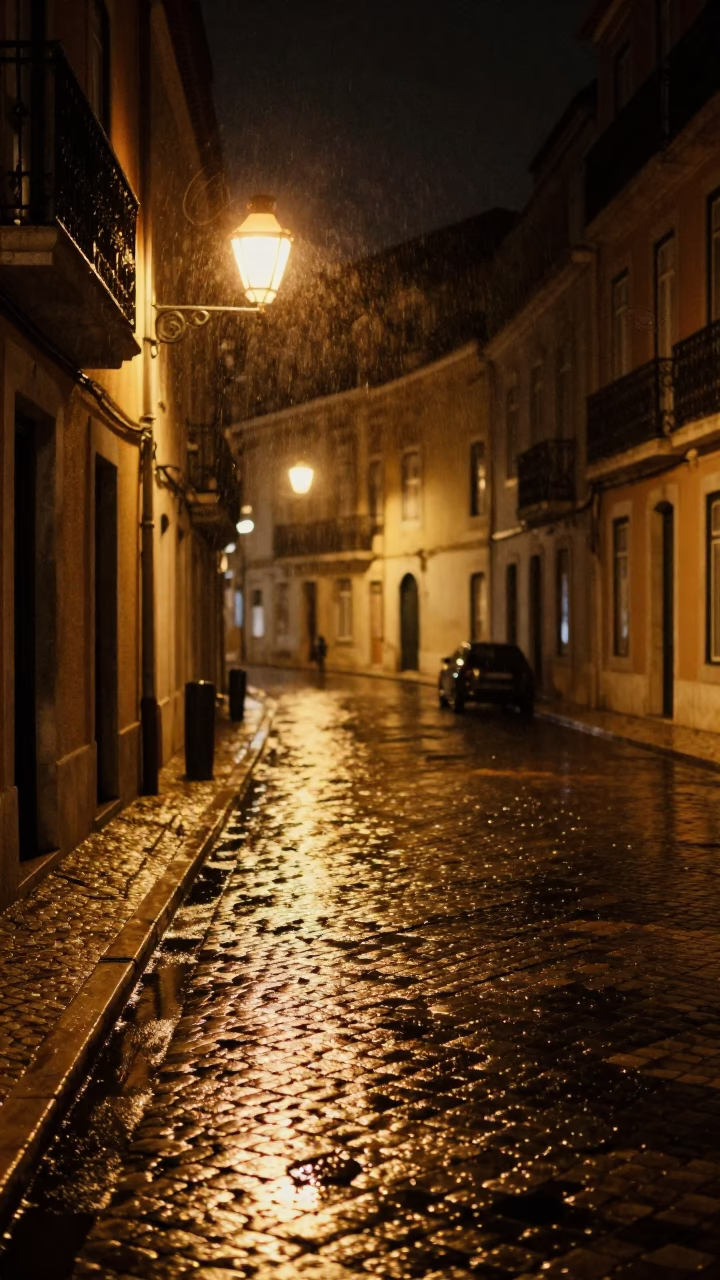 Nighttime Lisbon Street Scene with Paper Lantern and Water Taxi Reflections in in Lisbon, Portugal