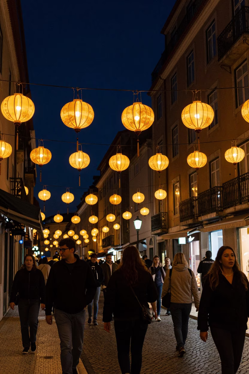 Nighttime Lisbon Street Scene with Paper Lanterns and Busy Local Activity in in Lisbon, Portugal
