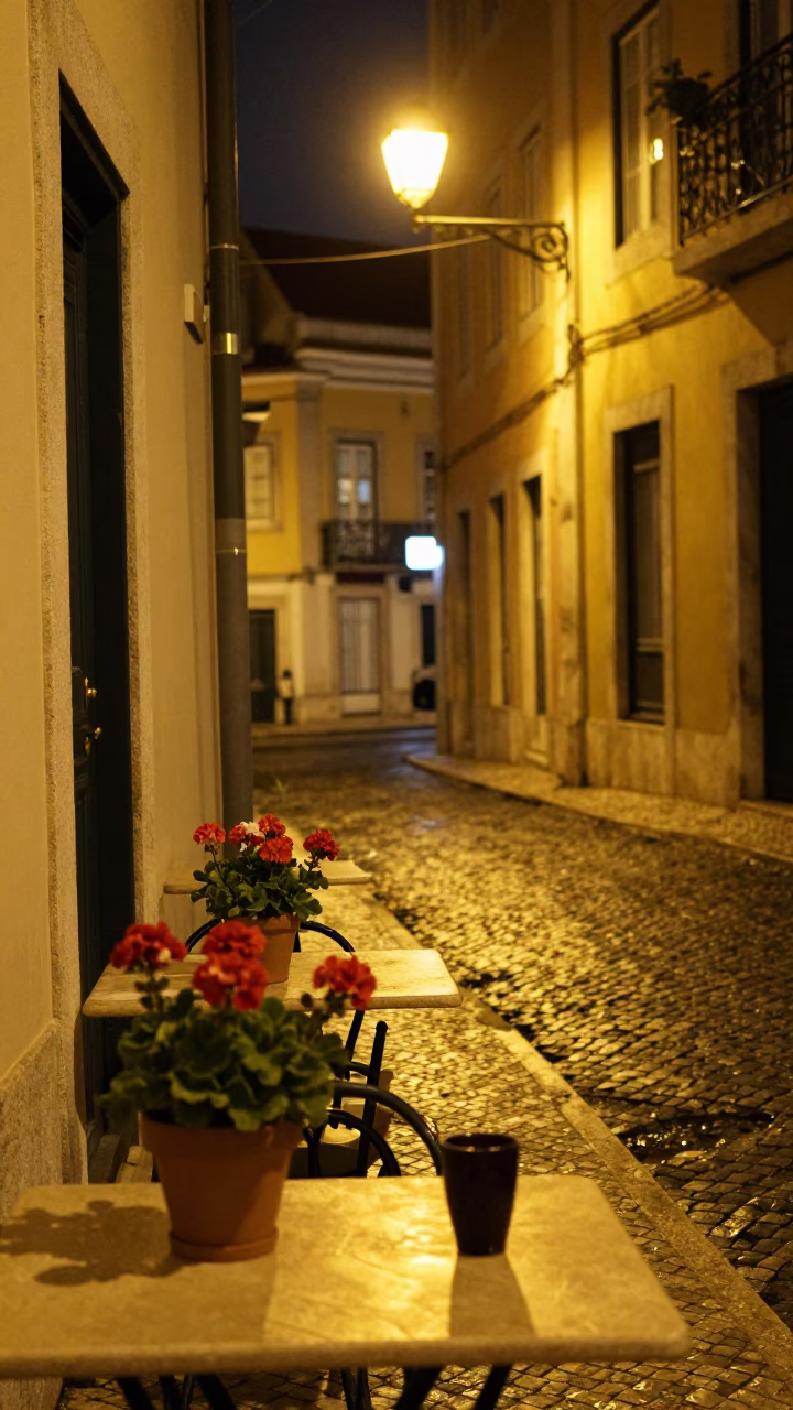 Nighttime Lisbon Street Scene with Potted Geraniums and Local Dining Culture in in Lisbon, Portugal