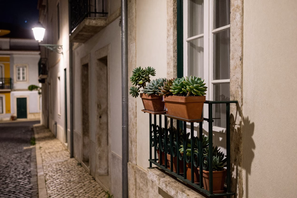 Nighttime Lisbon Street Scene with Potted Succulents on Balcony in in Lisbon, Portugal