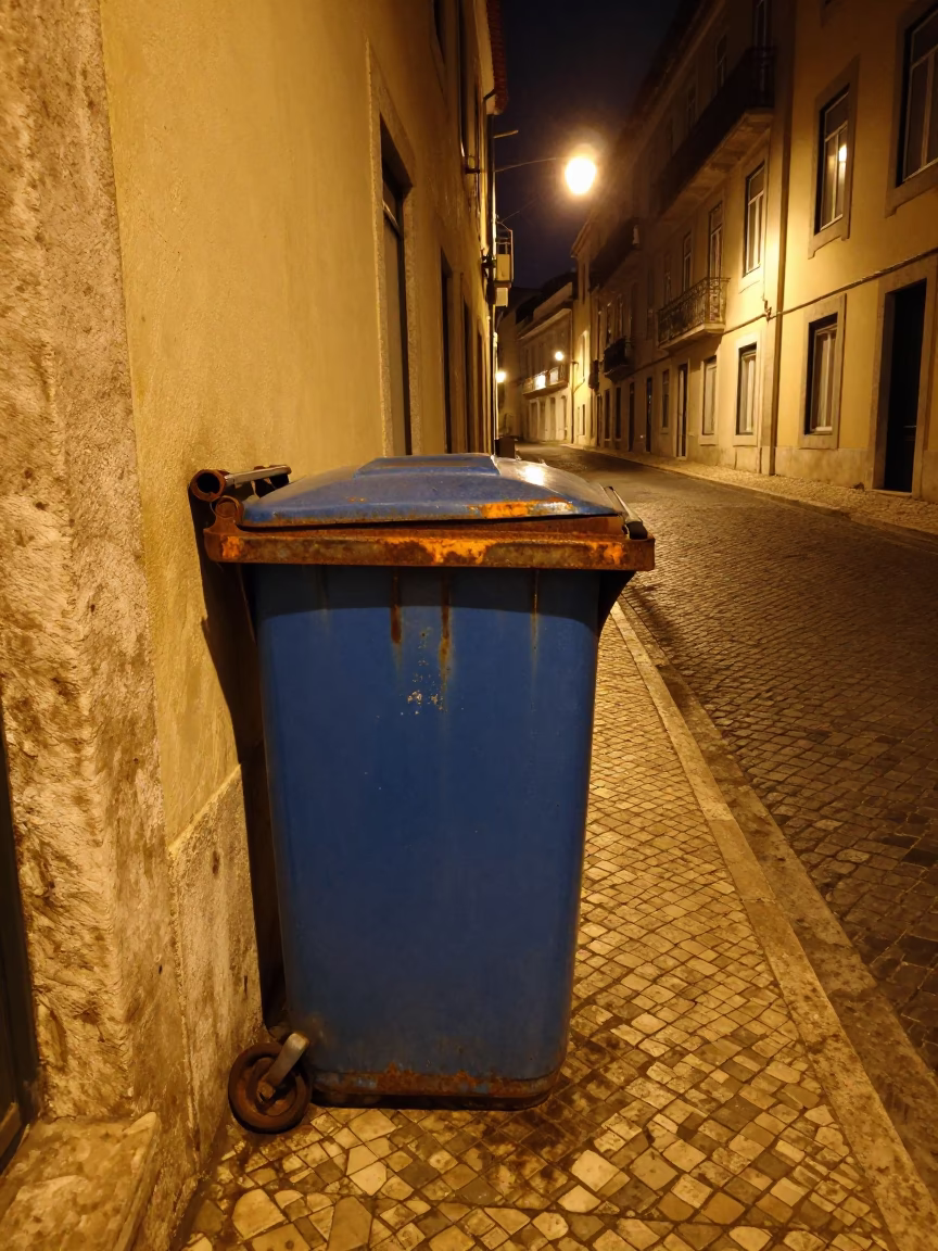 Nighttime Lisbon Street Scene with Rusty Metal Bin and Street Sign in in Lisbon, Portugal