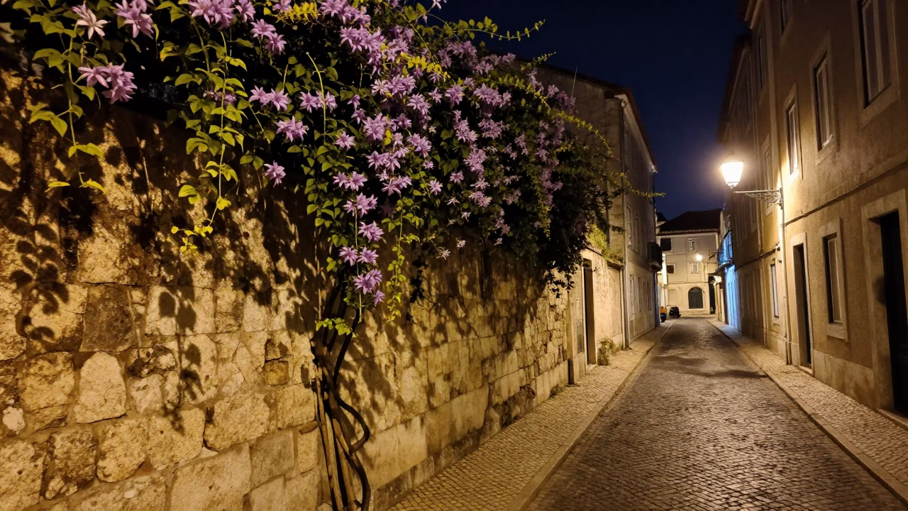 Nighttime Lisbon Street Scene with Stone Wall and Clematis Vine Under Streetlight in in Lisbon, Portugal