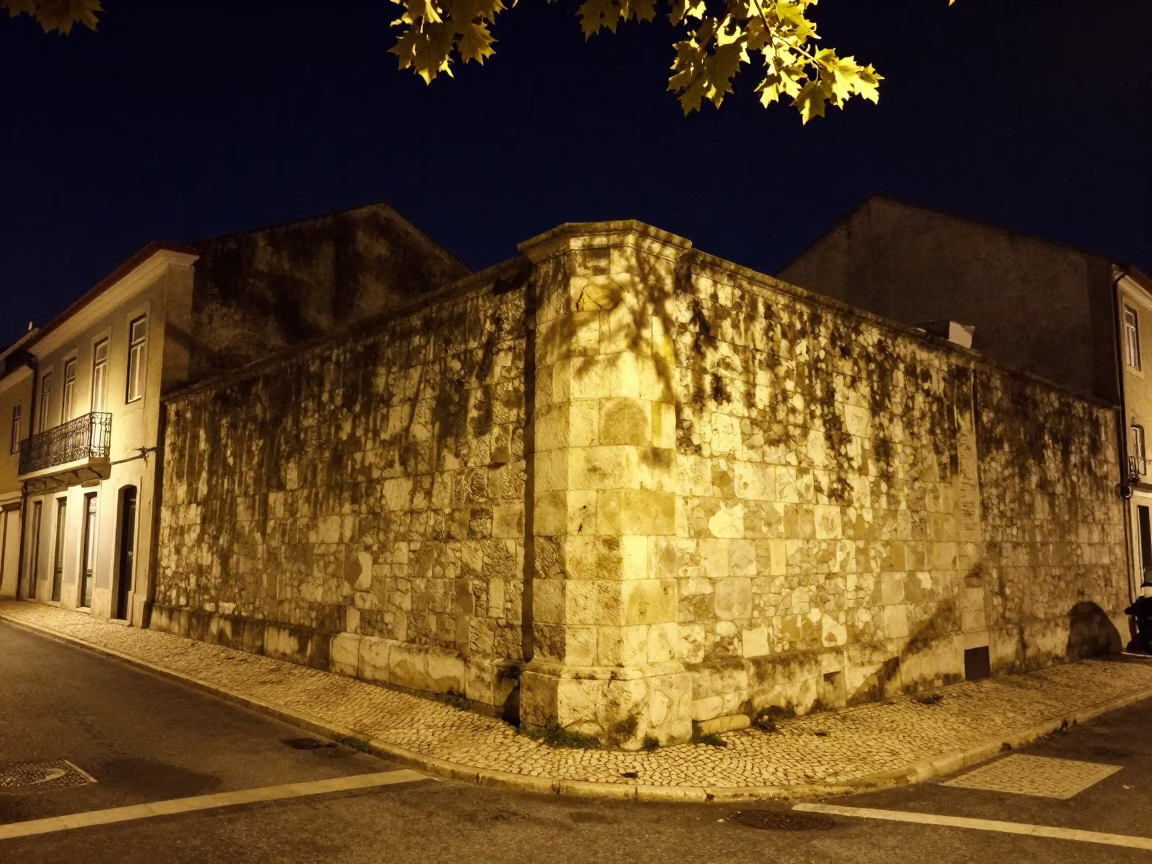 Nighttime Lisbon Street Scene with Stone Wall and Leaf Shadows in in Lisbon, Portugal