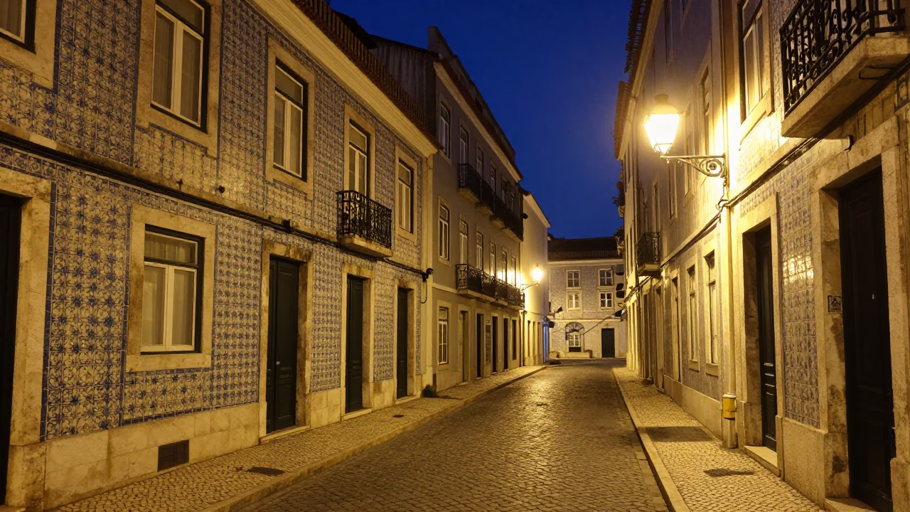 Nighttime Lisbon Street Scene with Traditional Azulejo Tiles and Street Lighting in in Lisbon, Portugal