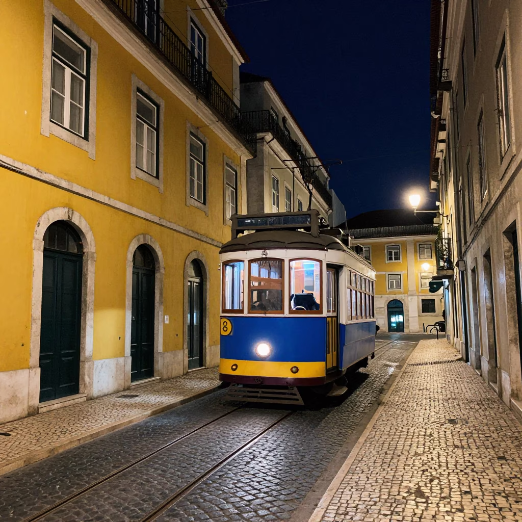 Nighttime Lisbon Street Scene with Traditional Tram and Cobalt Blue Pharmacy Sign in in Lisbon, Portugal