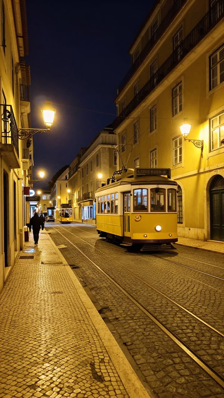 Nighttime Lisbon Street Scene with Traditional Tram and Historic Architecture in in Lisbon, Portugal