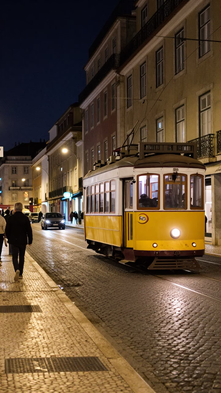 Nighttime Lisbon Street Scene with Tram and Cobblestone Details in in Lisbon, Portugal