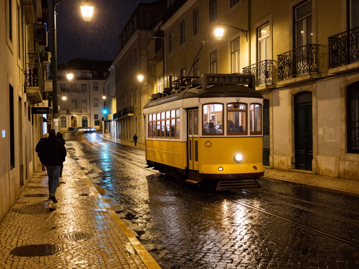 Nighttime Lisbon Street Scene with Tram and Wet Cobblestones in in Lisbon, Portugal