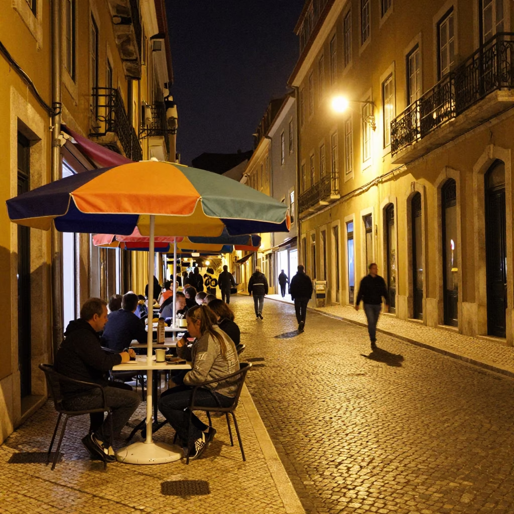 Nighttime Lisbon Street Scene with Umbrella Stand and Dolsot Bibimbap Sizzling in in Lisbon, Portugal